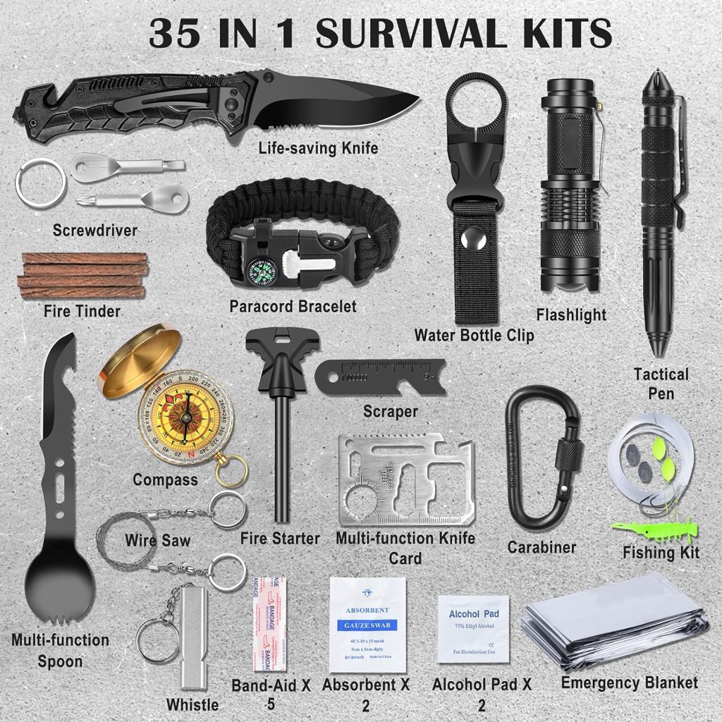 35 in 1 Survival Kit, Gifts for Dad Men Husband, Powerful Survival Gear and Equipment, Birthday Gifts for Him Teen Boy Boyfriend, Upgraded Cool Gadgets for Camping, Hiking, Hunting, Fishing