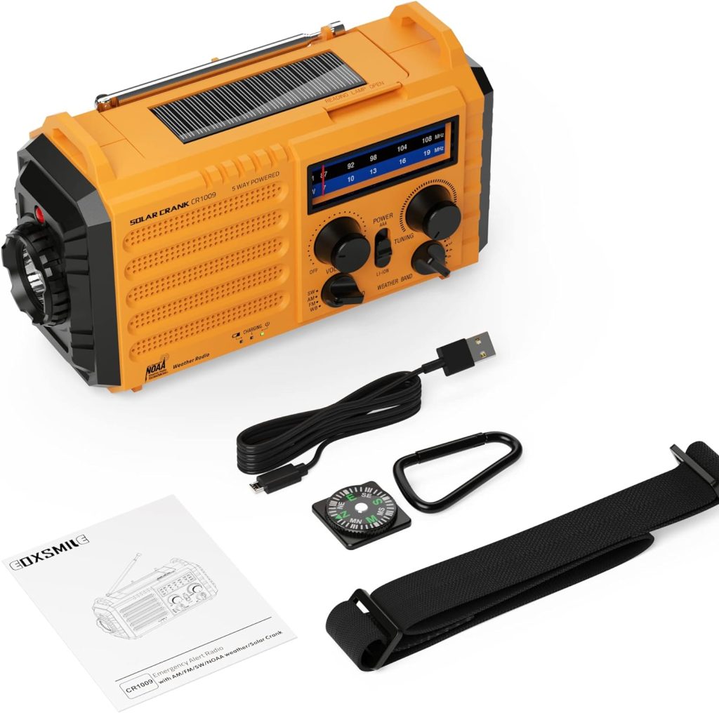 Auto NOAA Emergency Weather Radio, Solar Hand Crank Radio,Portable Battery Operated Emergency Radio with AM FM Shortwave,USB Charger,LED Flashlight,Clock, SOS Alert for Home Outdoors Camping Survival