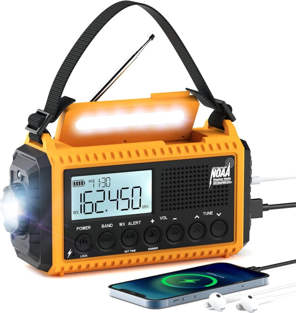 Auto NOAA Emergency Weather Radio, Solar Hand Crank Radio,Portable Battery Operated Emergency Radio with AM FM Shortwave,USB Charger,LED Flashlight,Clock, SOS Alert for Home Outdoors Camping Survival