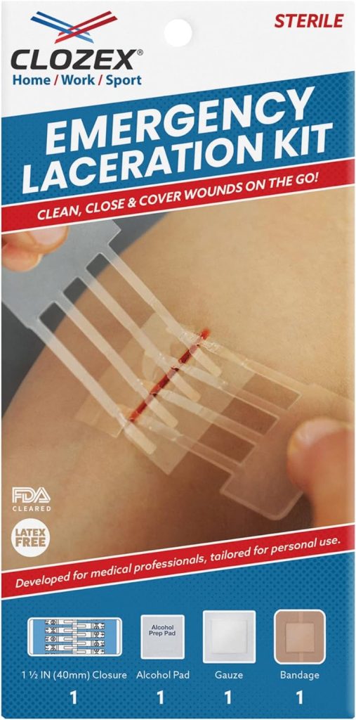 Clozex Emergency Laceration Kit - Repair Wounds Without Stitches. FDA Cleared Skin Closure Device for a Wound Up to 1 1/2 Inches in Length. Complete Kit to Clean, Close, and Cover Wounds.