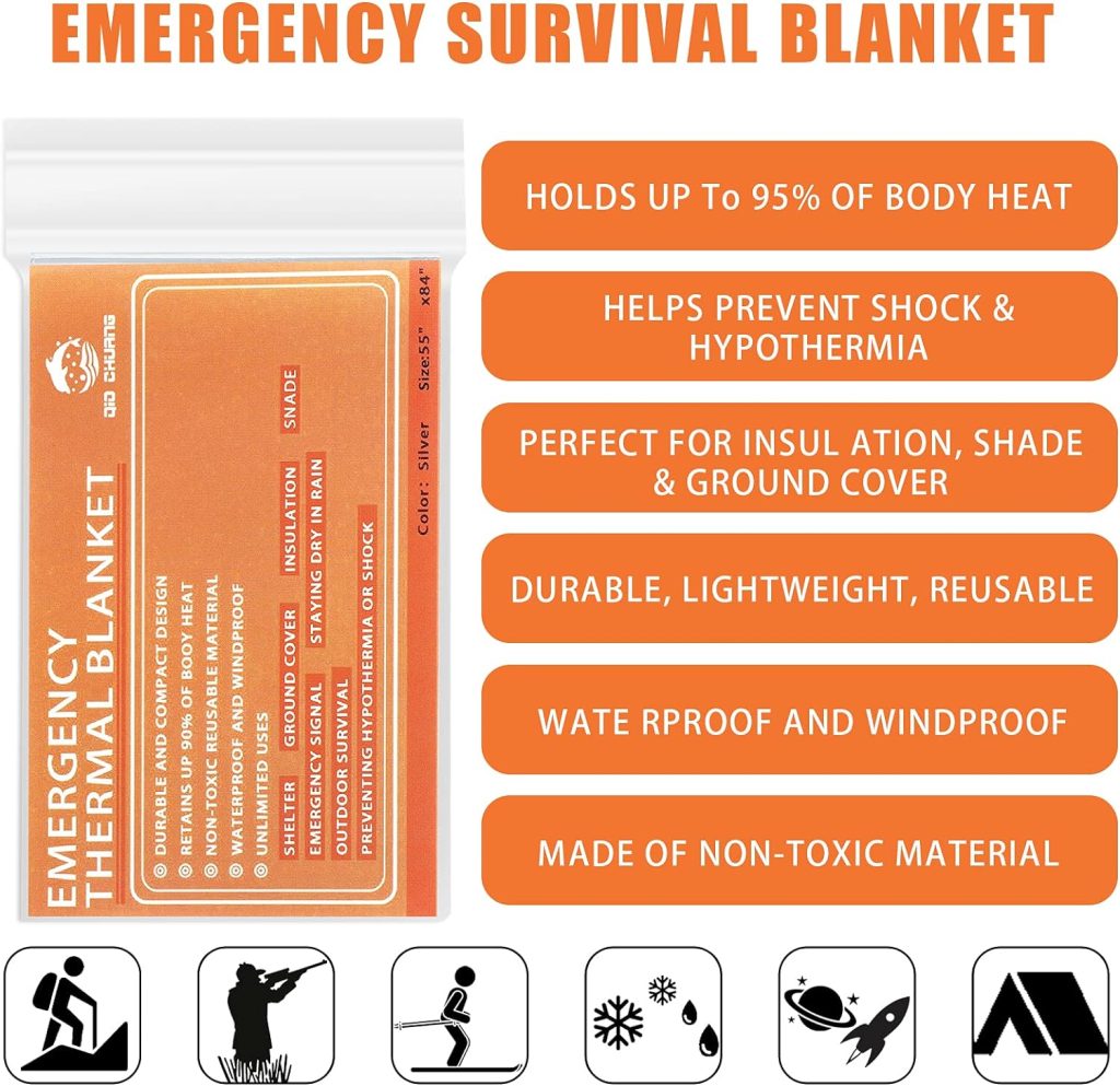 Emergency Mylar Thermal Blankets -Space Blanket Survival kit Camping Blanket (Pack of 6). Perfect for Outdoors, Hiking, Survival, Bug Out Bag ，Marathons or First Aid