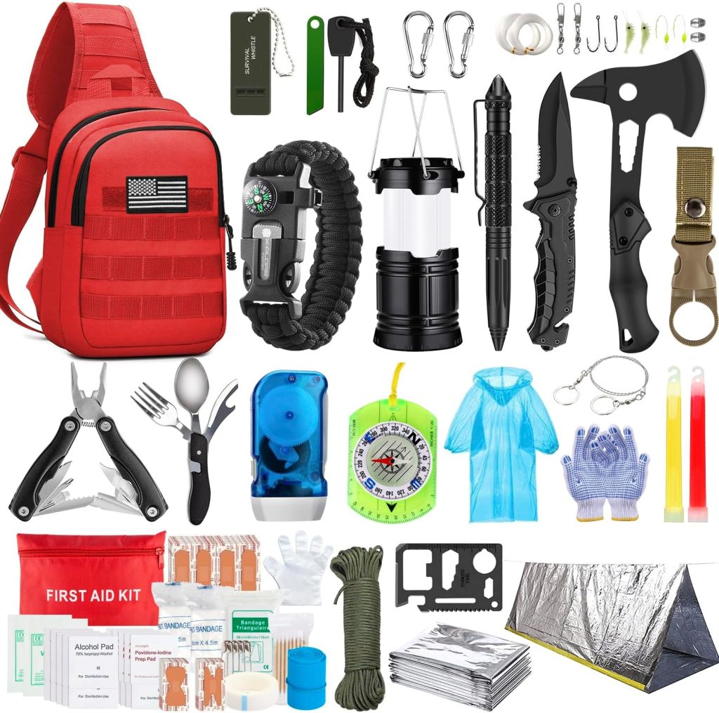 Emergency Survival Kit, 151 Pcs Survival Gear First Aid Kit, Outdoor Trauma Bag with Tactical Flashlight Knife Pliers Pen Blanket Bracelets Compass for Camping Earthquake or Adventures