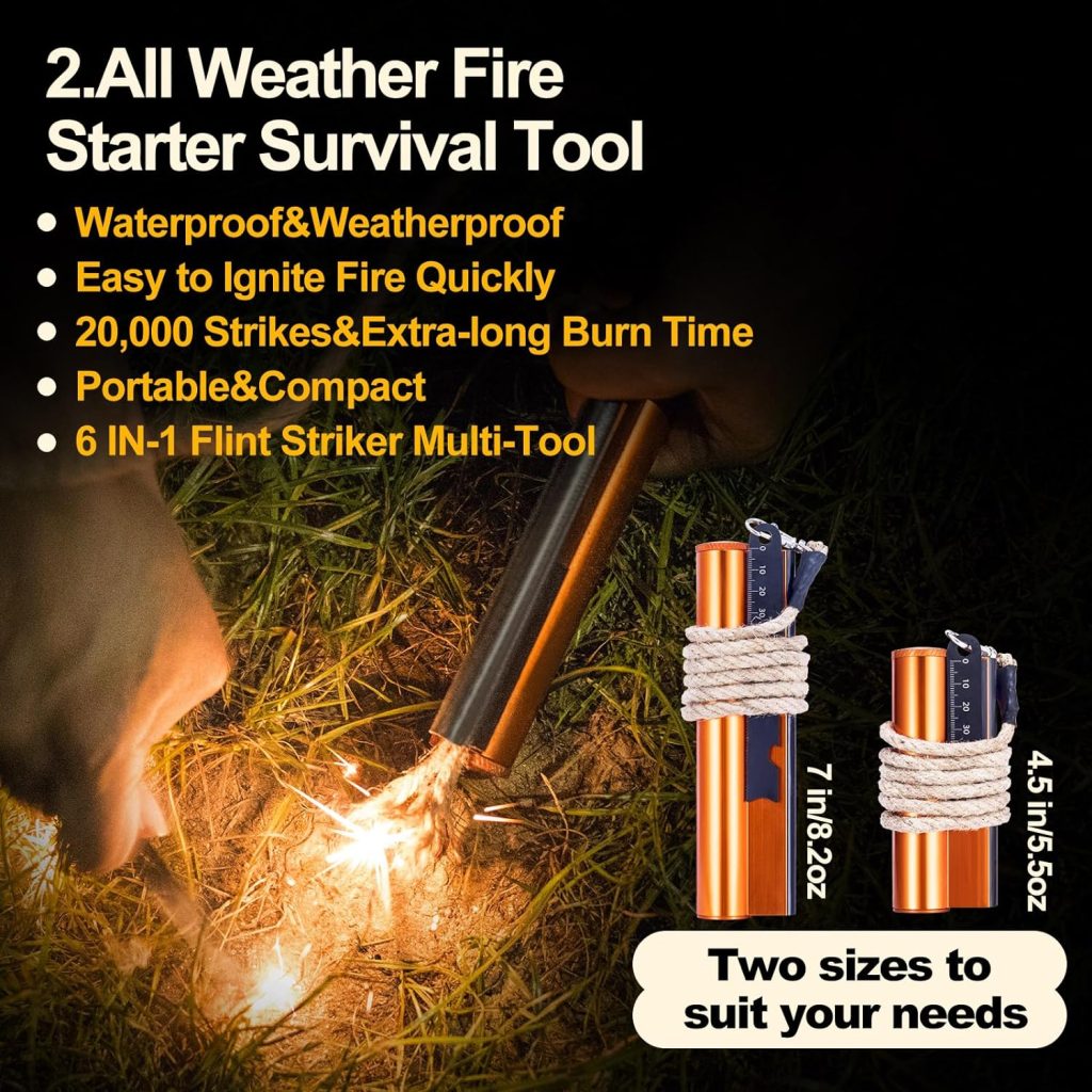 Fire Starter with Compass, Survival Tool Fire Starter Kit, Waterproof Tinder Wick Rope Fire Starter, All-Weather Magnesium Ferro Rod Fire Starter