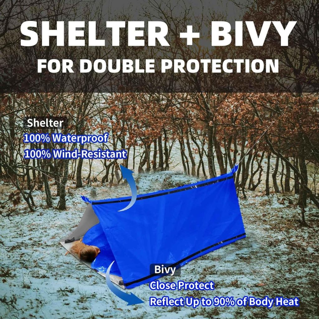 Frelaxy Emergency Tent Emergency Sleeping Bag Set, Survival Shelter  Emergency Bivy with Whistles, Paracord, Storage Pouches, and EVA Case, Perfect for Survival Kits