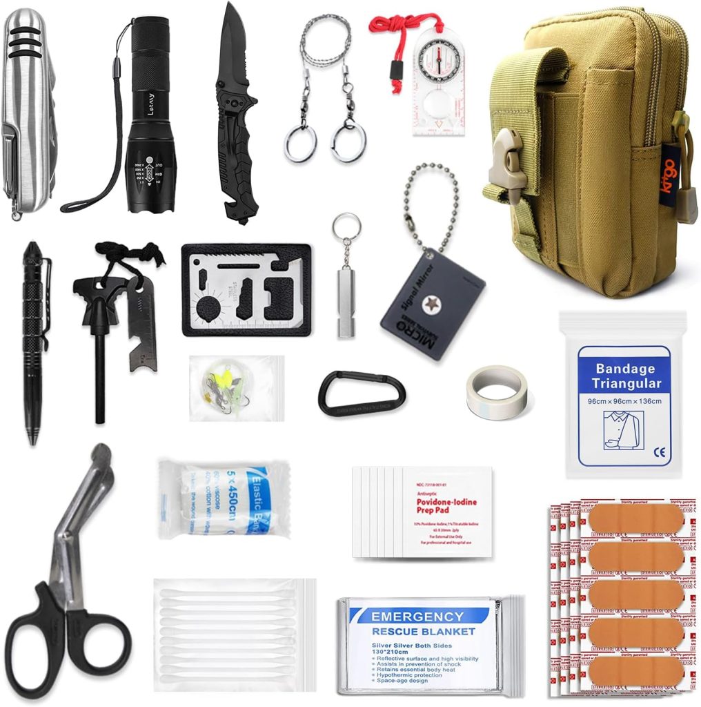 Outdoor Survival First Aid Kit 101 Piece Professional Emergency Survival Gear Tool for Hunting Hiking Camping Outdoor Adventure Fishing Travel Home Office Military Tropical Storms (Khaki)