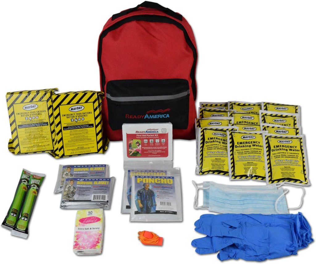 Ready America 70280 72 Hour Emergency Kit, 2-Person, 3-Day Backpack, Includes First Aid Kit, Survival Blanket, Portable Preparedness Go-Bag for Camping, Car, Earthquake, Travel, Hiking, and Hunting, Red