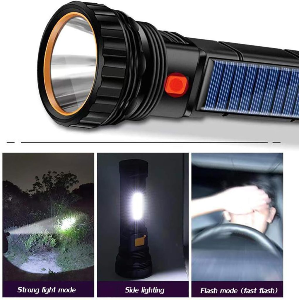 Solar/Rechargeable Multi Function 1000 Lumens LED Flashlight, with Emergency Strobe Light and 1200 Mah Battery, Emergency Power Supply and USB Charging Cable, Fast Charging (1PC)