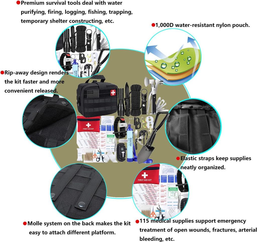 Survival Kits Camping kit - Tactical Gear Accessories Molle Attachments Survival Kit EDC Military First Aid Kit Emergency Bugout Bag Gifts for Men Carlebben