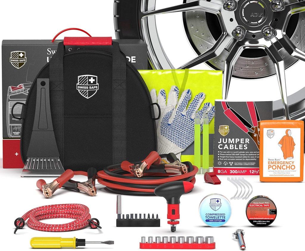 Swiss Safe 2-in-1 Roadside Car Emergency Kit for Vehicles - Compact  Portable Safety Tool Kit w/Travel Bag + Bonus Hardcase First Aid Kit (348 Piece) - 12-Foot Jumper Cables - Auto Essentials