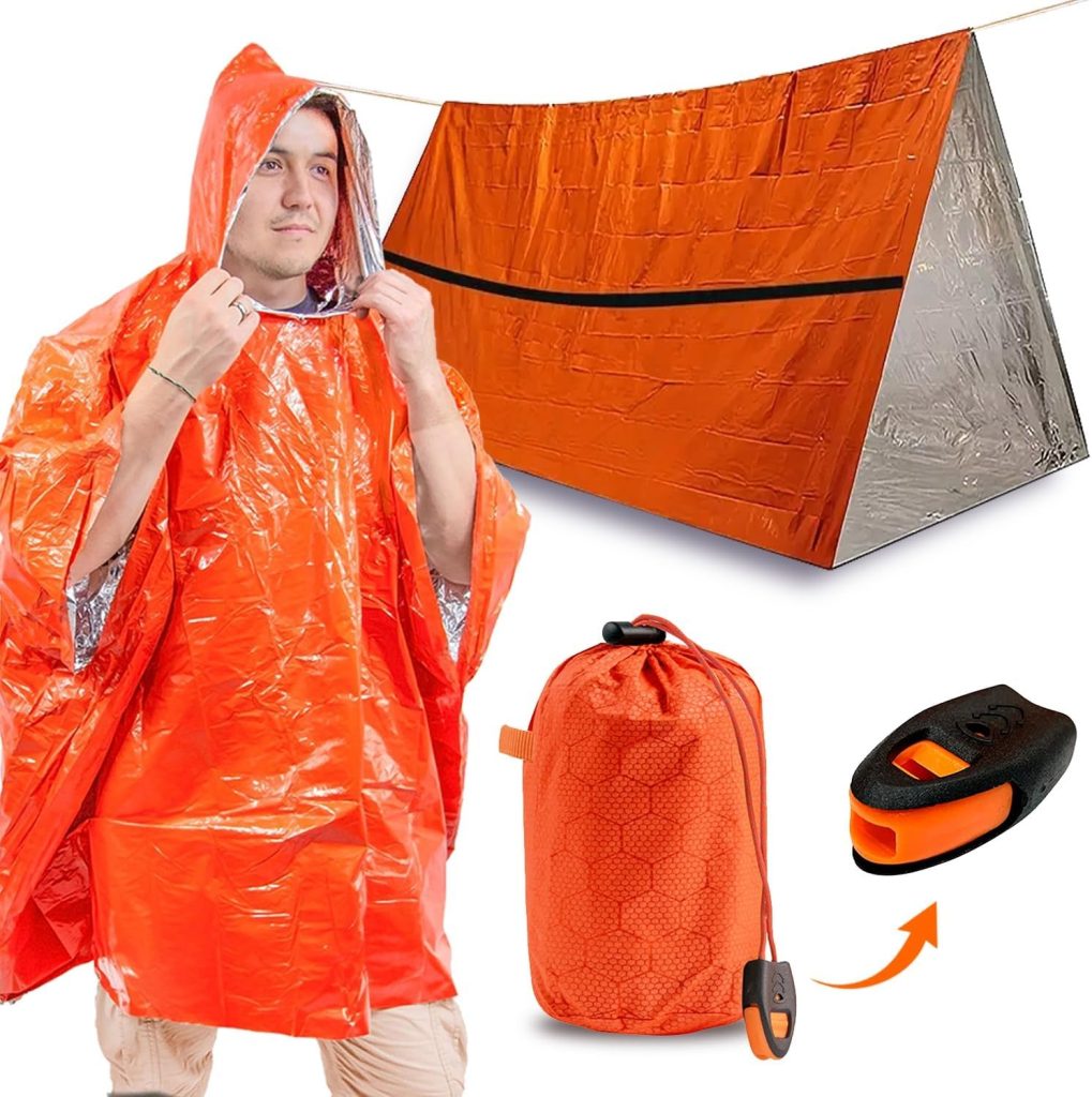 TOPACIO Survival Tent - Emergency Ponchos with Hood - Hiking Survival Kit - Tactical Tent - Kit Camping,  Outdoor - Includes Tent, Rain Poncho, Whistle, Bags - Thermal Poncho - Emergency Shelter